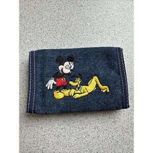Vintage Walt Disney World Mickey Mouse Pluto Denim Embroidered Wallet Trifold